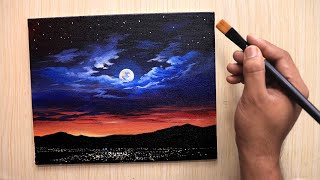 Acrylic painting of dramatic Moonlight night sky landscape step by step easy [upl. by Nagirrek350]