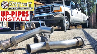 2001 F350 73  RiffRaff UpPipes Install  Stock up pipes leaking and falling apart JUNK SP [upl. by Razec]