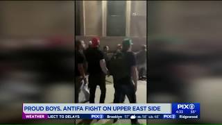 Proud Boys fight with masked antifa demonstrators on UES NYPD [upl. by Sayette]